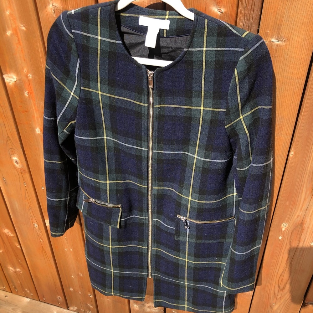 H&M Navy Green Plaid Zip-Front Trench Coat